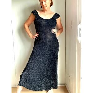 Vintage Sparkle Maxi Dress Size L Made in USA Black Silver Cocktail Party Dress